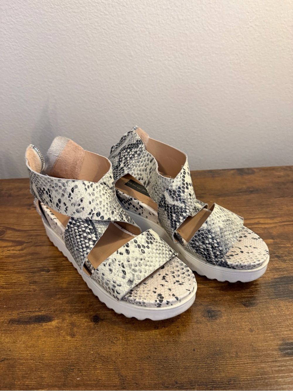 Steve Madden Snake-Print Wedge Sandals in Cream and Black
